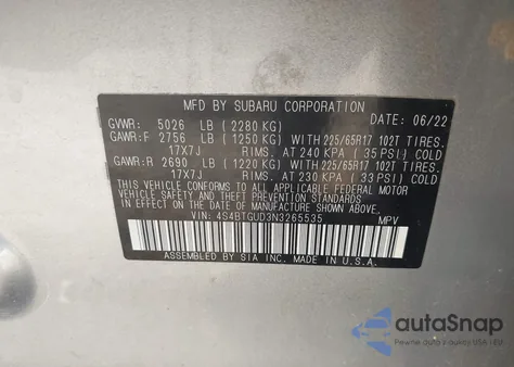 2022 Subaru Outback Wilderness z USA, uszkodzony, nr VIN 4S4BTGUD3N3265535